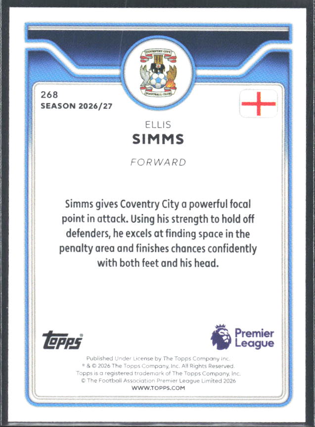 2026-27 Topps Premier League #268 Ellis Simms – baksida