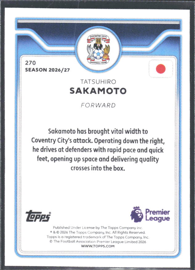 2026-27 Topps Premier League #270 Tatsuhiro Sakamoto – baksida