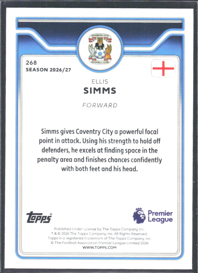 2026-27 Topps Premier League #268 Ellis Simms – baksida