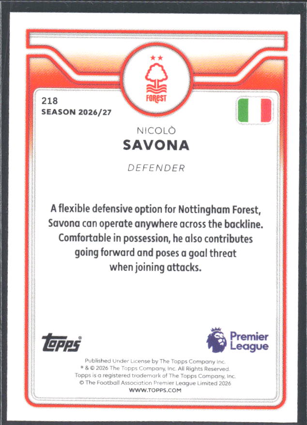 2026-27 Topps Premier League #218 Nicolò Savona – baksida