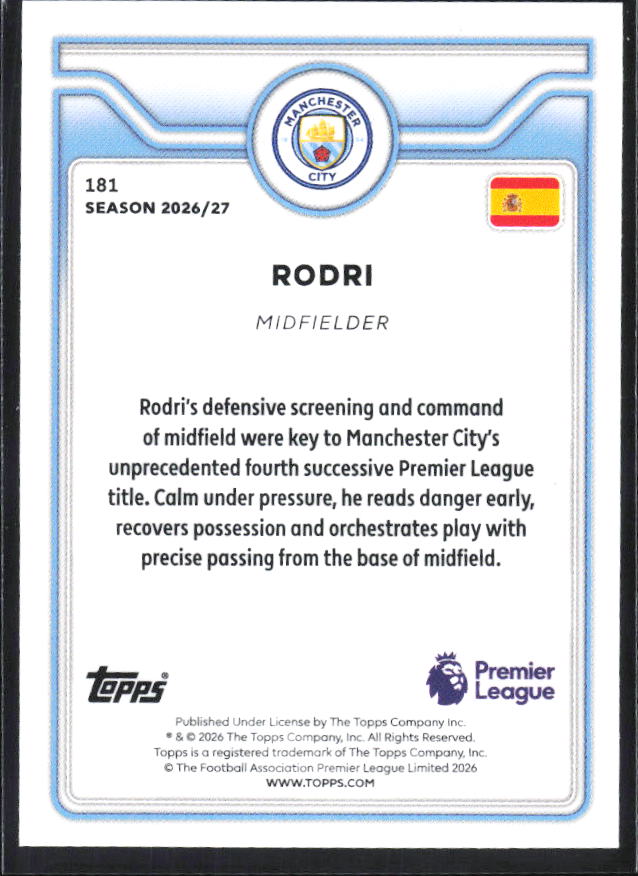 2026-27 Topps Premier League #181 Rodri – baksida