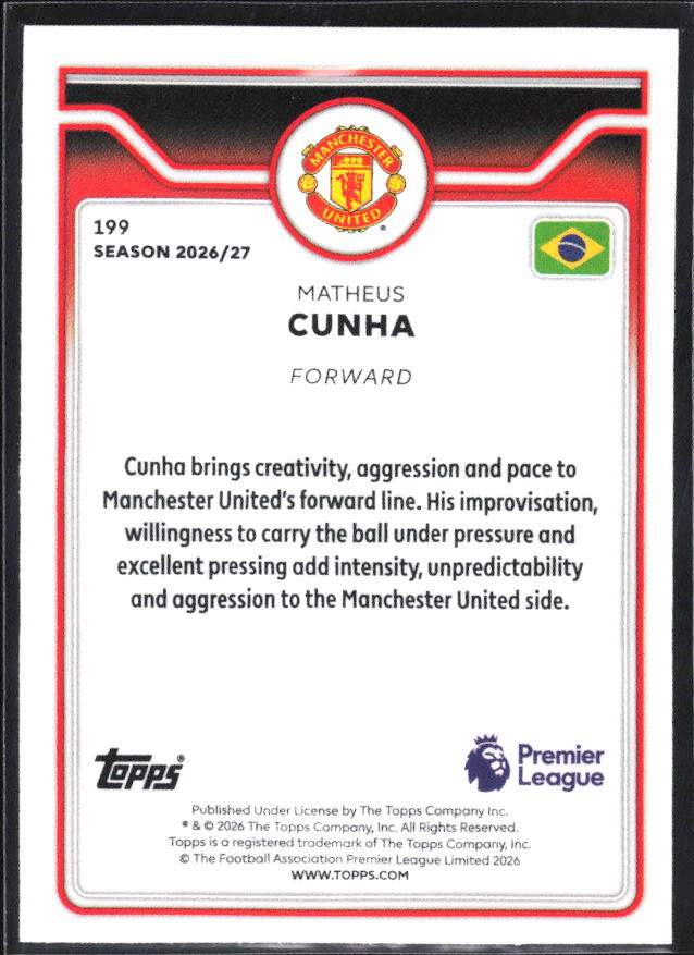 2026-27 Topps Premier League #199 Matheus Cunha – baksida