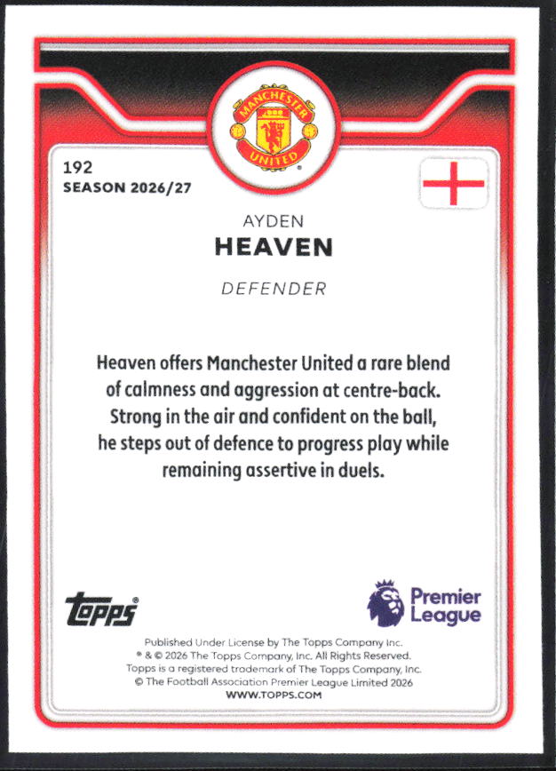 2026-27 Topps Premier League #192 Ayden Heaven – baksida