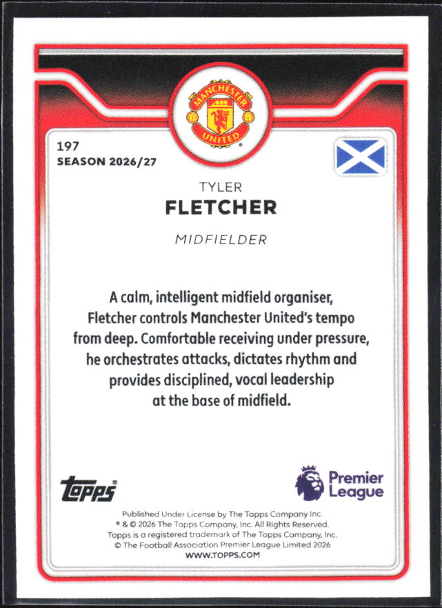 2026-27 Topps Premier League #197 Tyler Fletcher – baksida