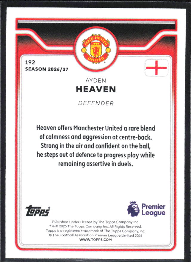 2026-27 Topps Premier League #192 Ayden Heaven – baksida