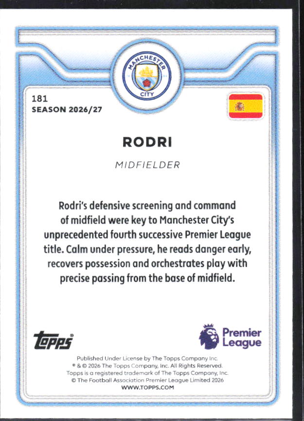 2026-27 Topps Premier League #181 Rodri – baksida