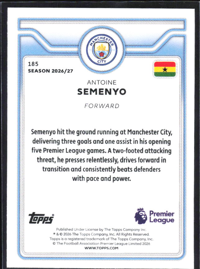 2026-27 Topps Premier League #185 Antoine Semenyo – baksida