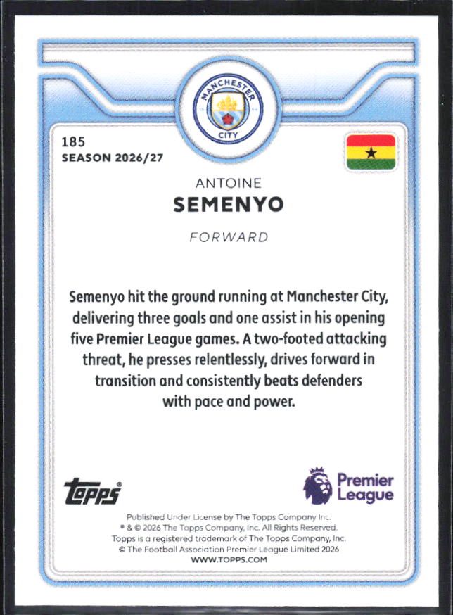 2026-27 Topps Premier League #185 Antoine Semenyo – baksida