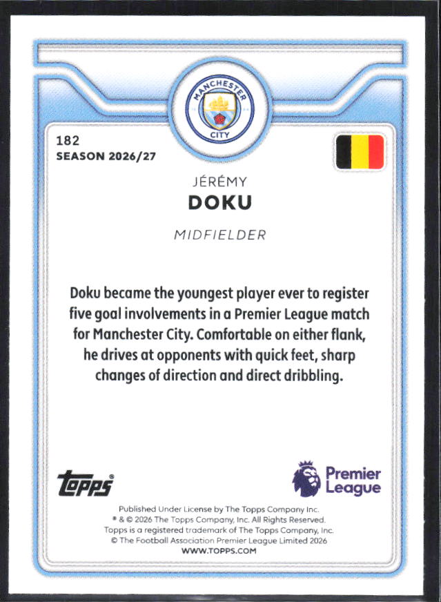 2026-27 Topps Premier League #182 Jérémy Doku – baksida