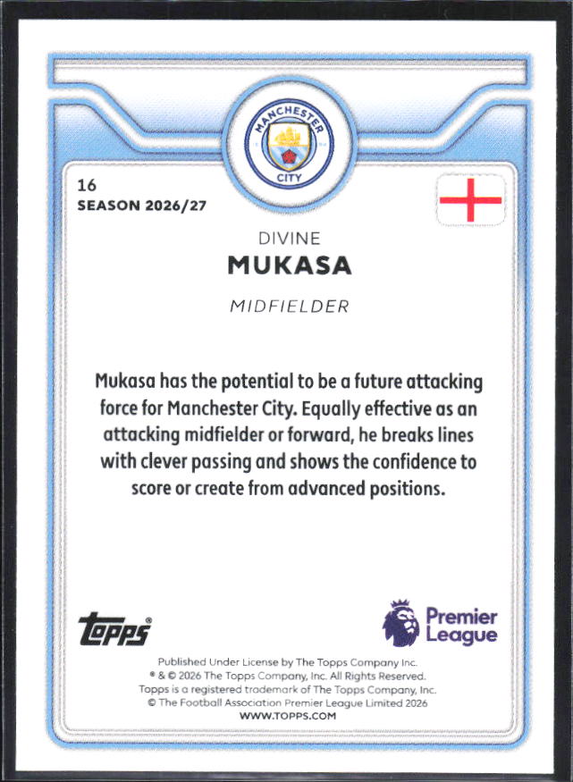 2026-27 Topps Premier League #16 Divine Mukasa Future Stars – baksida