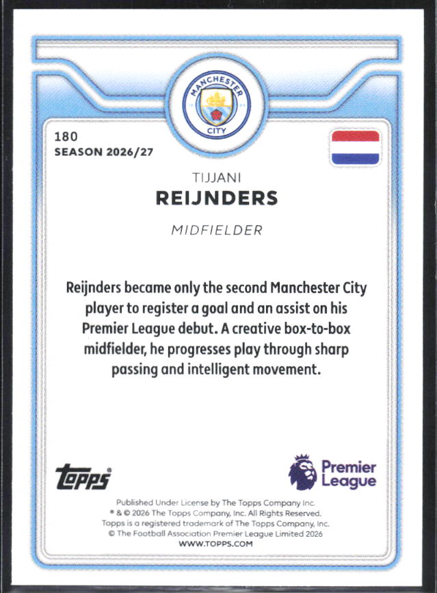 2026-27 Topps Premier League #180 Tijjani Reijnders – baksida