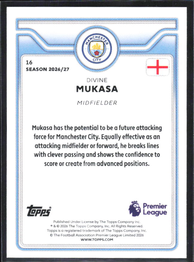 2026-27 Topps Premier League #16 Divine Mukasa Future Stars – baksida