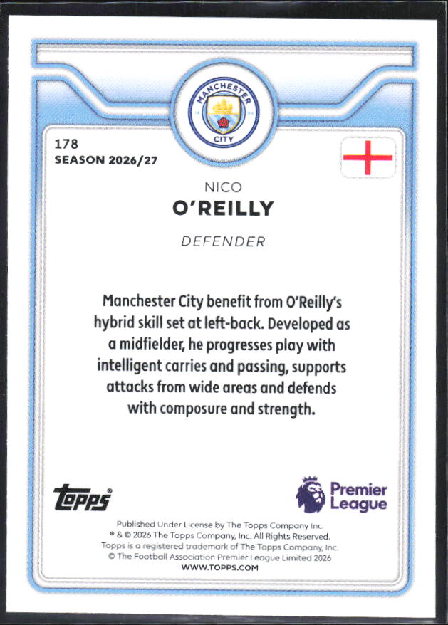 2026-27 Topps Premier League #178 Nico O'Reilly – baksida