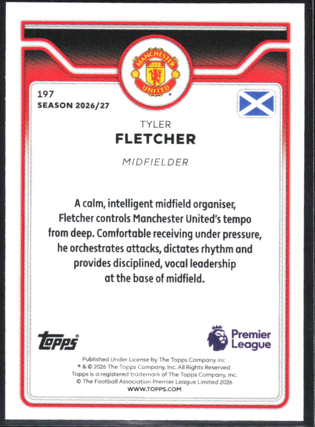 2026-27 Topps Premier League #197 Tyler Fletcher – baksida