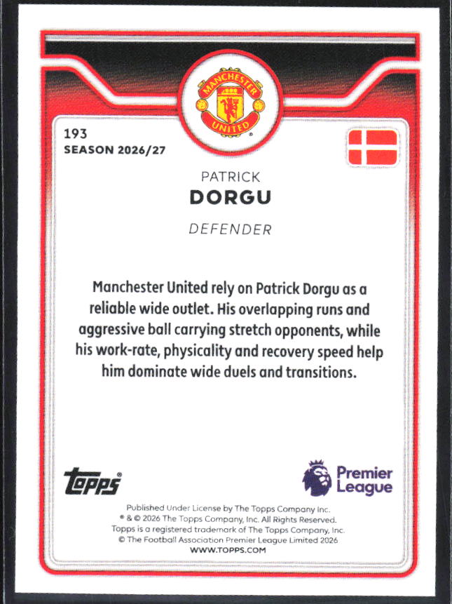 2026-27 Topps Premier League #193 Patrick Dorgu – baksida