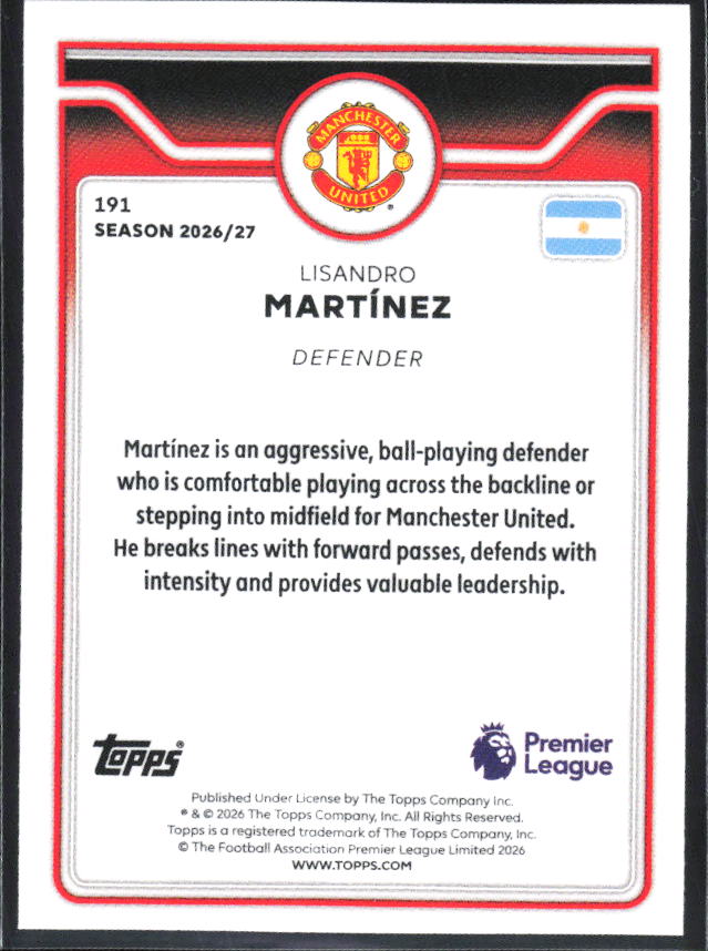 2026-27 Topps Premier League #191 Lisandro Martínez – baksida