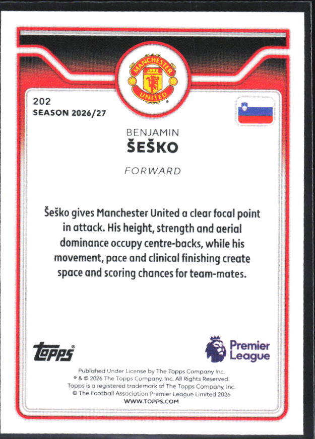 2026-27 Topps Premier League #202 Benjamin Šeško – baksida