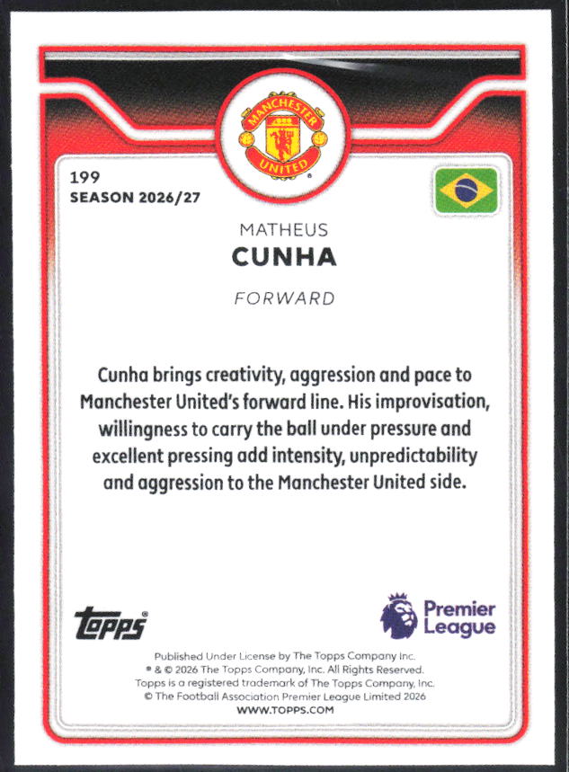 2026-27 Topps Premier League #199 Matheus Cunha – baksida