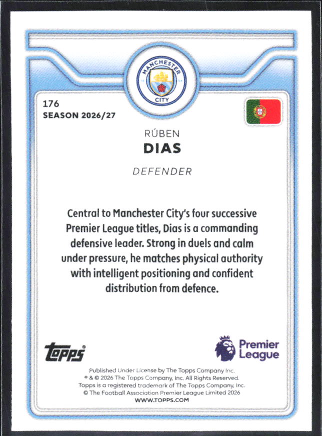 2026-27 Topps Premier League #176 Rúben Dias – baksida