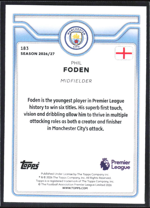 2026-27 Topps Premier League #183 Phil Foden – baksida