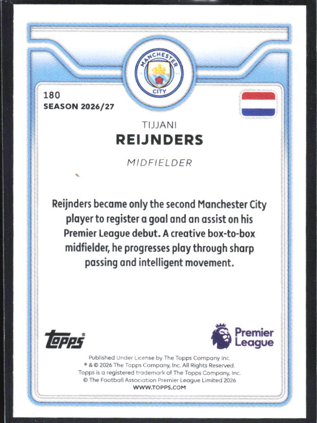 2026-27 Topps Premier League #180 Tijjani Reijnders – baksida