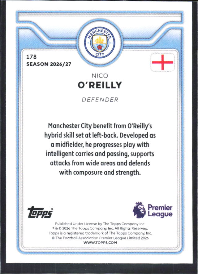 2026-27 Topps Premier League #178 Nico O'Reilly – baksida