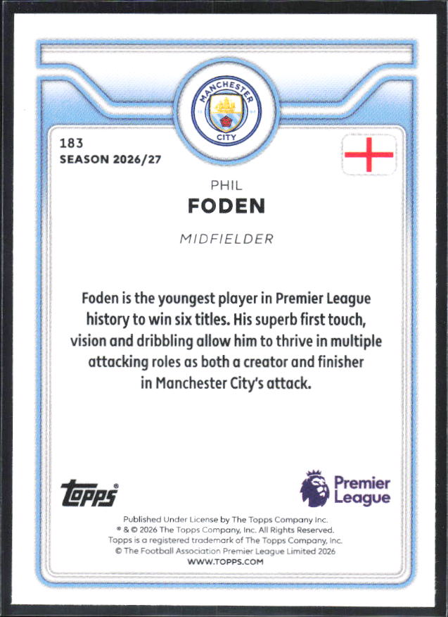 2026-27 Topps Premier League #183 Phil Foden – baksida