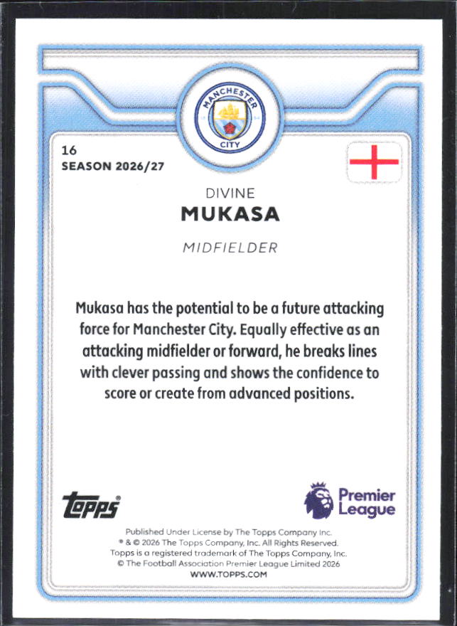 2026-27 Topps Premier League #16 Divine Mukasa Future Stars – baksida