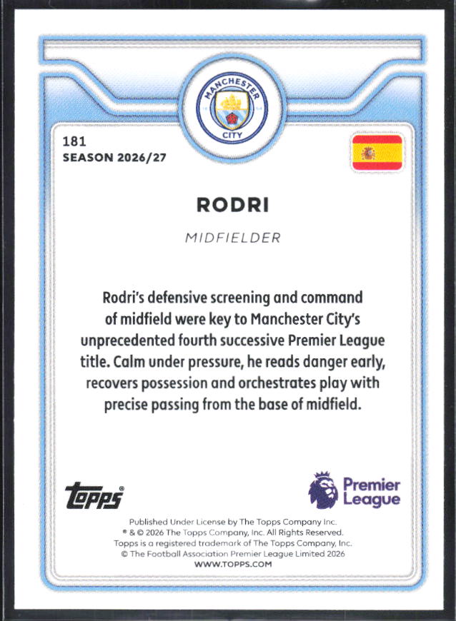 2026-27 Topps Premier League #181 Rodri – baksida