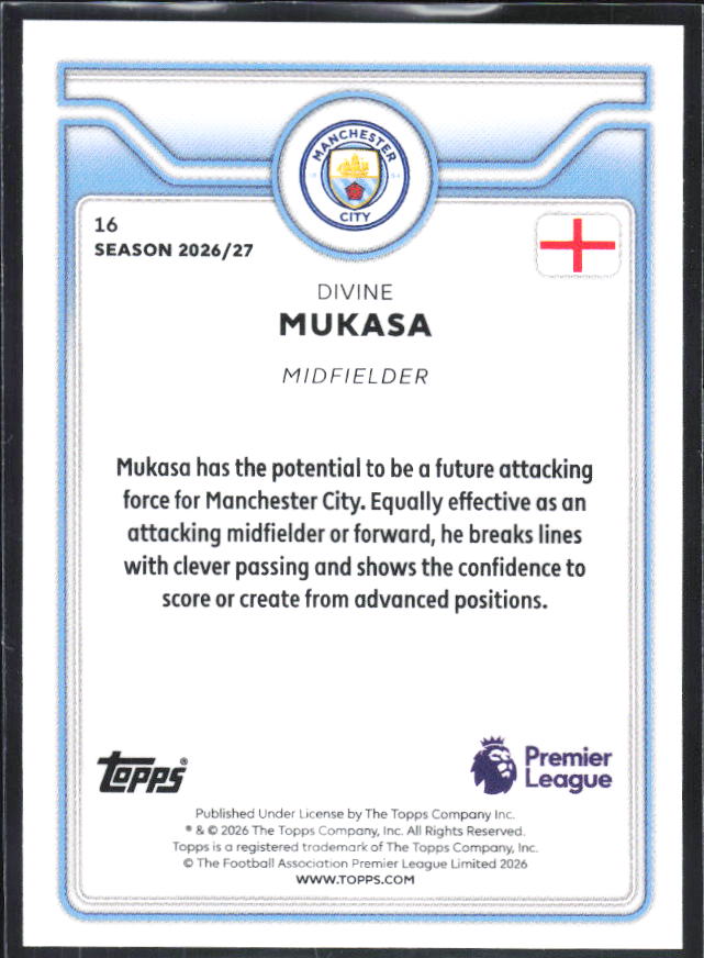 2026-27 Topps Premier League #16 Divine Mukasa Future Stars – baksida