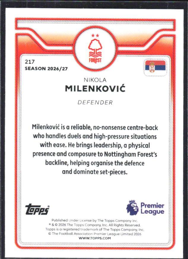 2026-27 Topps Premier League #217 Nikola Milenković – baksida