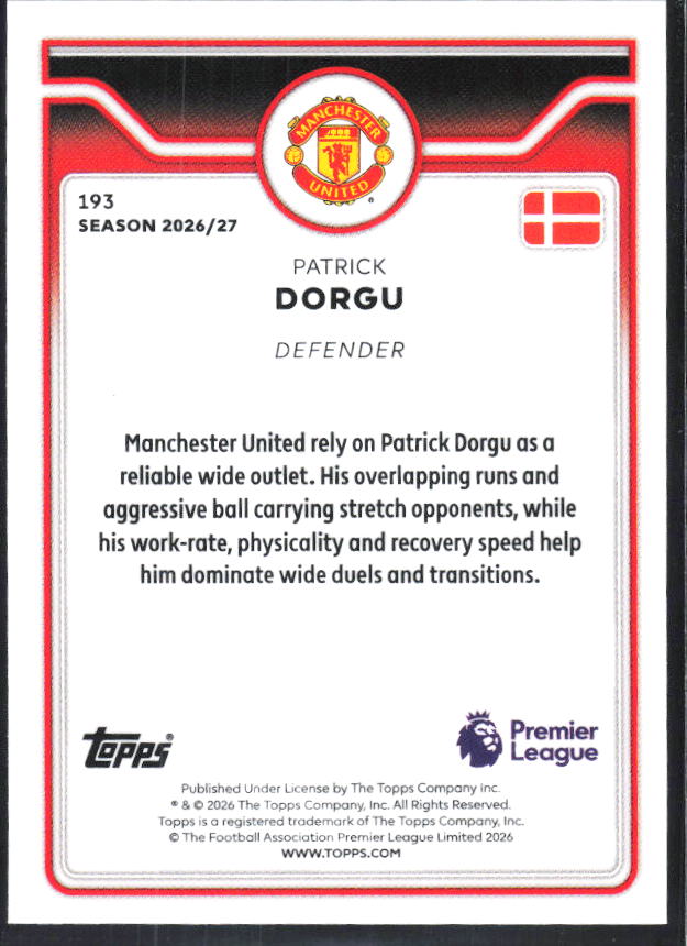 2026-27 Topps Premier League #193 Patrick Dorgu – baksida