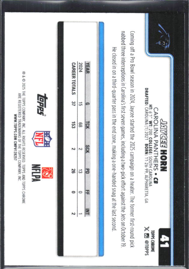 2025 Topps Chrome #41 Jaycee Horn – baksida