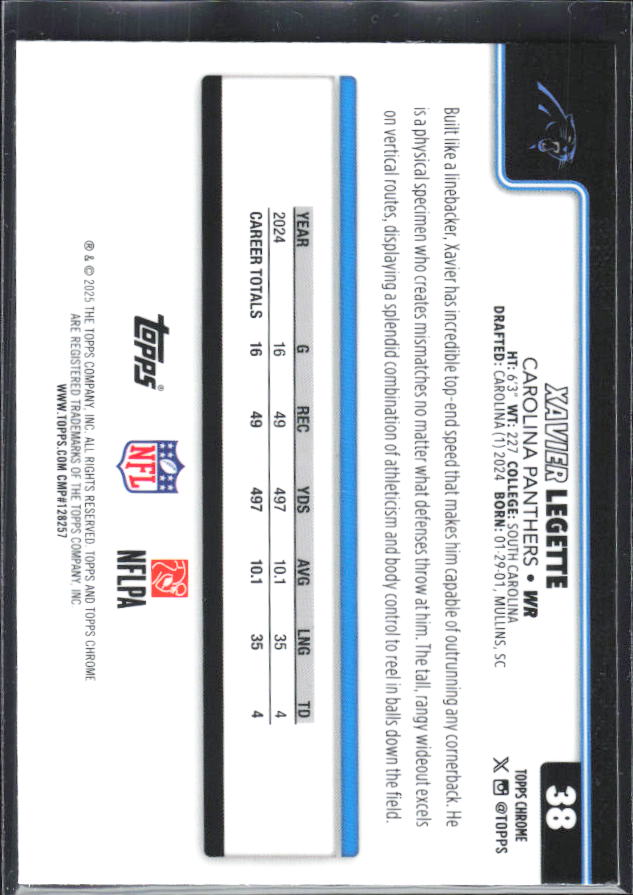 2025 Topps Chrome #38 Xavier Legette – baksida