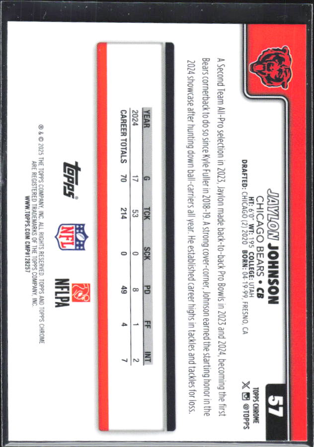 2025 Topps Chrome #57 Jaylon Johnson – baksida