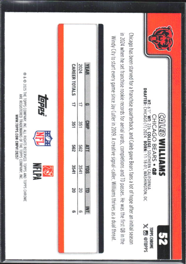 2025 Topps Chrome #52 Caleb Williams – baksida