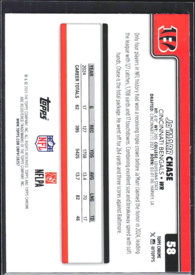 2025 Topps Chrome #58 Ja'Marr Chase – baksida