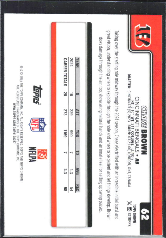 2025 Topps Chrome #62 Chase Brown – baksida
