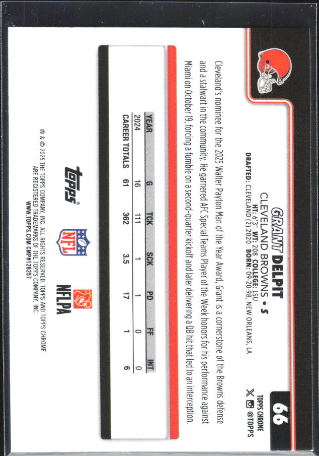 2025 Topps Chrome #66 Grant Delpit – baksida