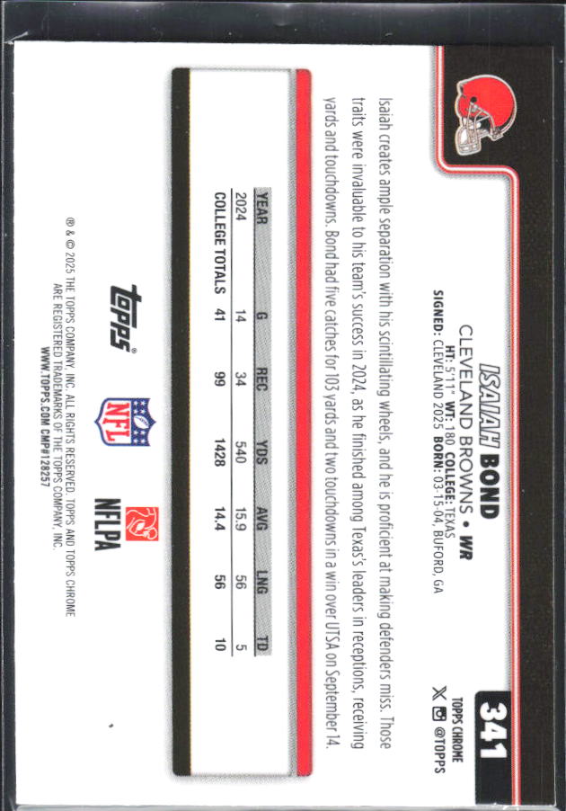2025 Topps Chrome #341 Isaiah Bond – baksida