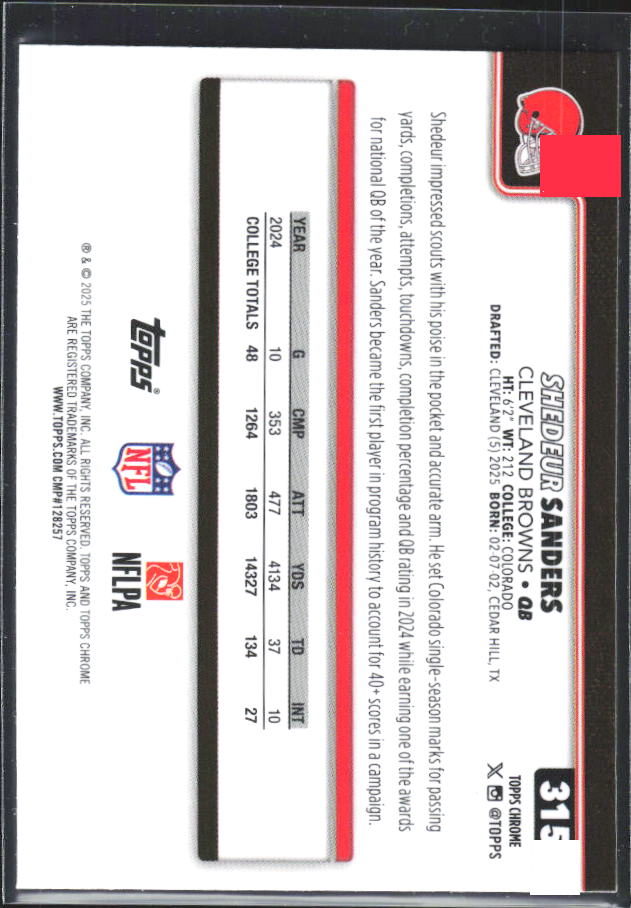 2025 Topps Chrome #315 Shedeur Sanders – baksida