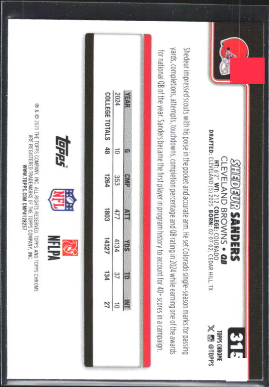 2025 Topps Chrome #315 Shedeur Sanders – baksida