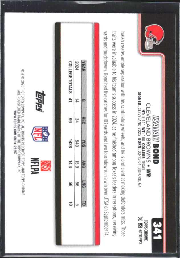2025 Topps Chrome #341 Isaiah Bond – baksida