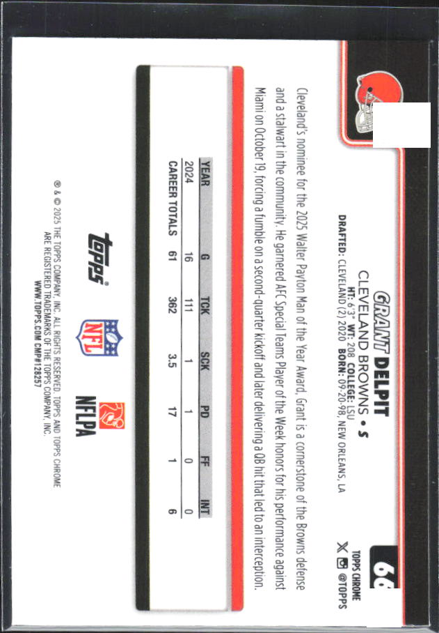 2025 Topps Chrome #66 Grant Delpit – baksida