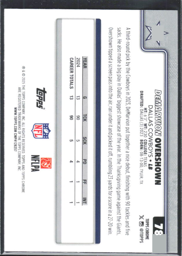 2025 Topps Chrome #78 DeMarvion Overshown – baksida