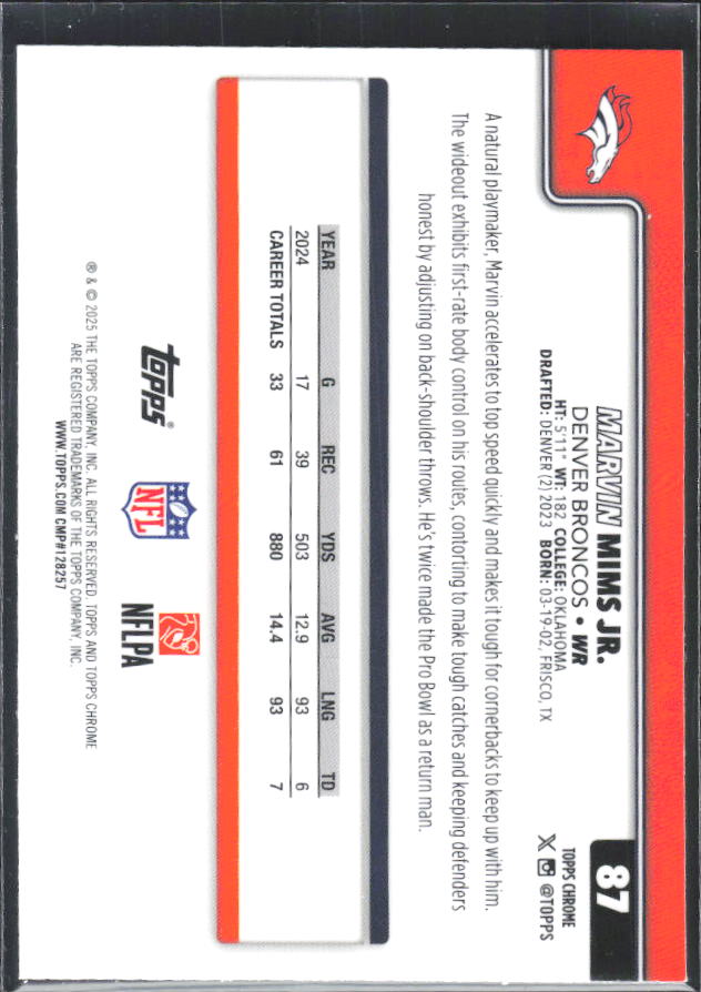 2025 Topps Chrome #87 Marvin Mims Jr. – baksida
