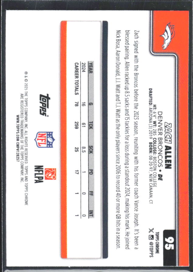 2025 Topps Chrome #95 Zach Allen – baksida