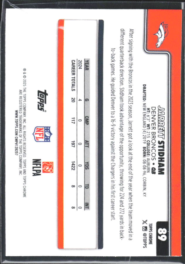 2025 Topps Chrome #89 Jarrett Stidham – baksida
