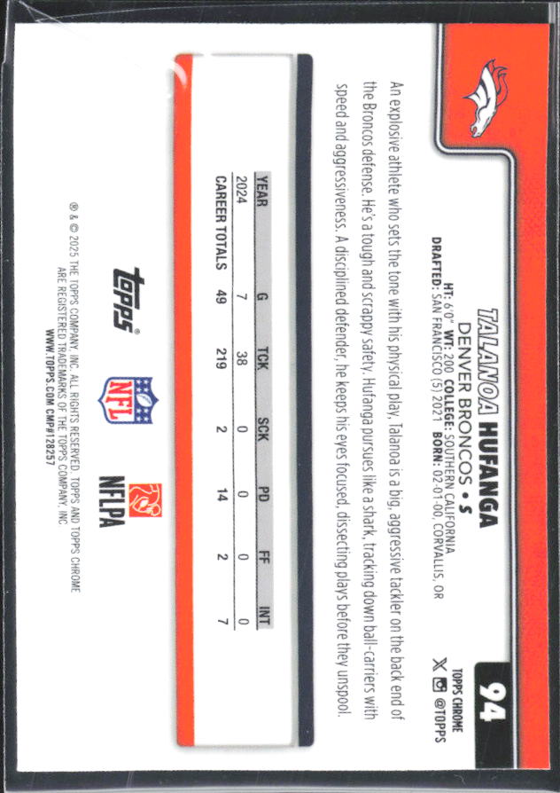 2025 Topps Chrome #94 Talanoa Hufanga – baksida