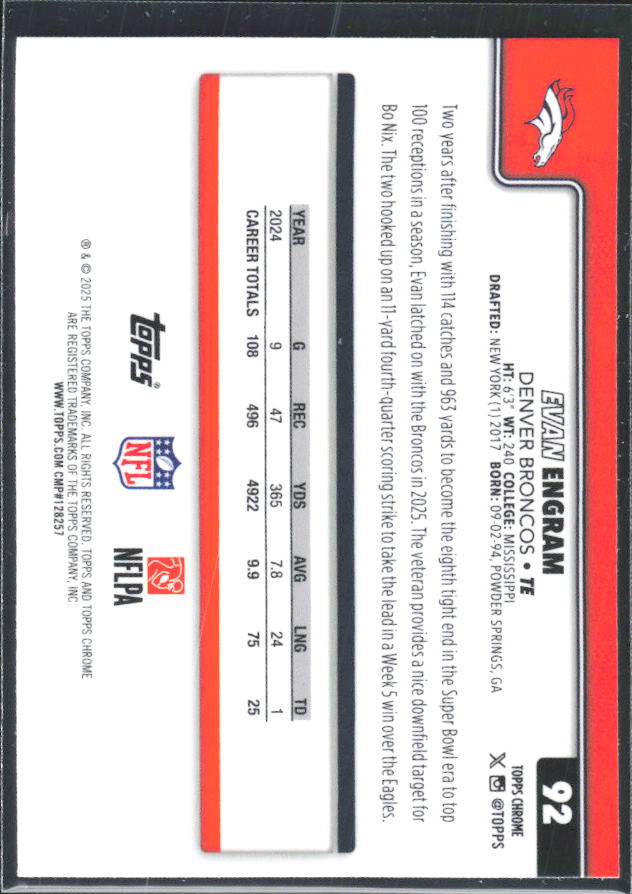2025 Topps Chrome #92 Evan Engram – baksida